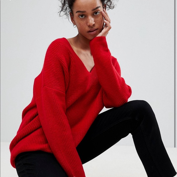 ASOS red chunky oversized v-neck sweater - Picture 1 of 5